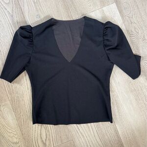 Black v neck puff sleeve top with raw edges size 6